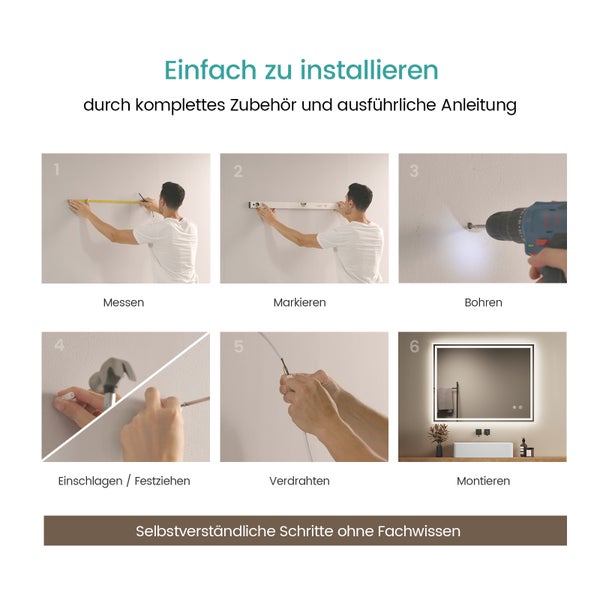 EMKE Badspiegel mit LED-Beleuchtung 90 x 70 cm, Kaltweiß 6500K, Touchschalter & Beschlagfrei, dimmbar, IP44, für Bad