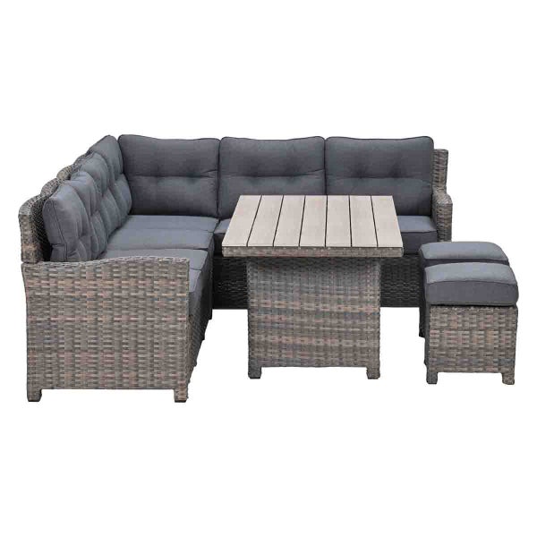 Garten-Lounge-Set aus Polyrattan bestehend aus Ecksofa, Esstisch mit Holzoptik-Platte und zwei Hockern mit Polsterauflagen.