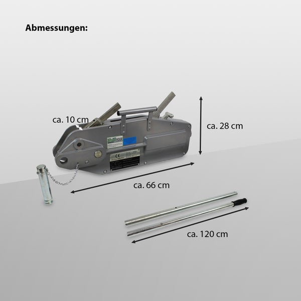 Trutzholm Greifzug mit Maßangaben 66 cm lang, 28 cm hoch und 10 cm breit sowie 120 cm langer Hebelstange.
