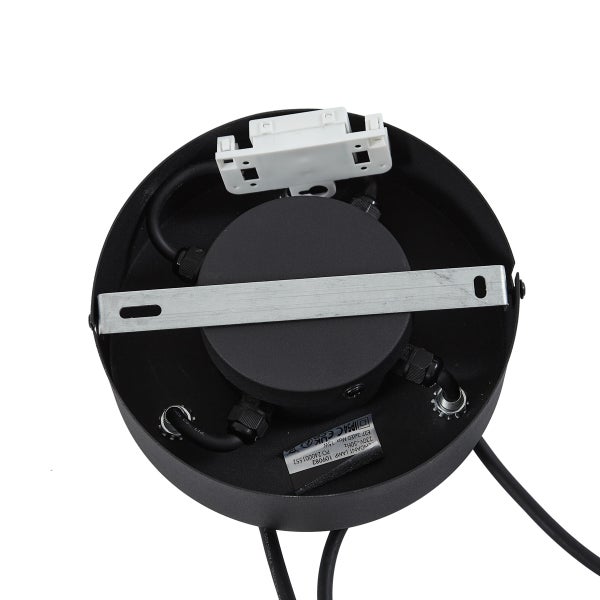 Rückseite eines schwarzen Lampenbaldachins mit Montagebügel, Kabeln und weißer Anschlussklemme.