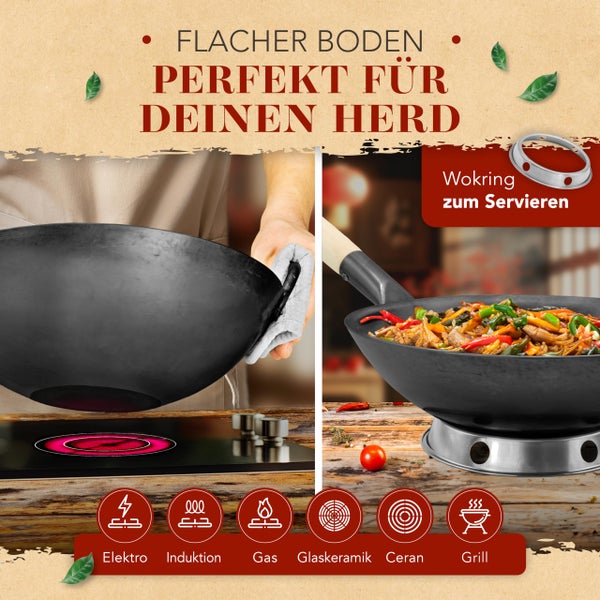 KRUSTENZAUBER 36cm Wokpfanne Induktion voreingebrannt - Traditionelle Stahlwokpfanne mit Wokwender u. Wokring - Wok Pfanne, Wok Induktion, Woklette, Wok Zubehör, Carbon Steel Wok Karbonstahl