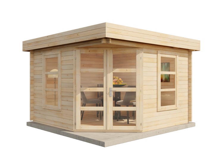 Modernes Gartenhaus aus Holz mit Fenstern und Glastür