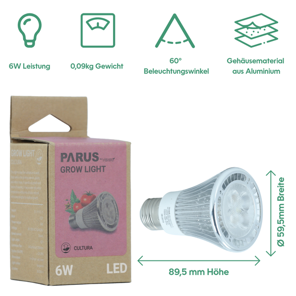 Parus by Venso LED Pflanzenlampe Vollspektrum Cultura LED Lampe E27 6W 60°, Wachstumslampe für Pflanzen wie Kräuter-, Gemüse- und Blühpflanzen, Parus Pflanzenlampe LED Vollspektrum Pflanzenlicht