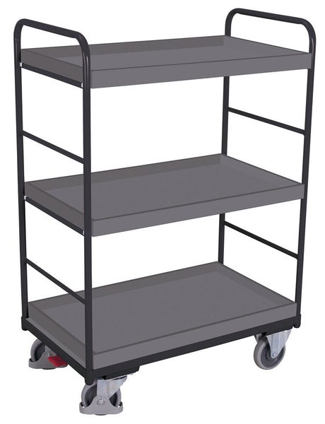 Etagenwagen mit drei grauen Böden, schwarzem Stahlgestell und vier Lenkrollen.