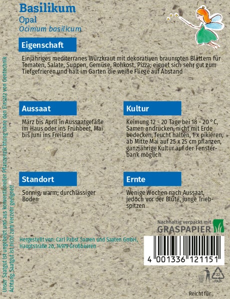 Rückseite einer Samenpackung für Basilikum Opal mit Anleitungen zu Aussaat, Standort und Ernte auf nachhaltigem Graspapier.