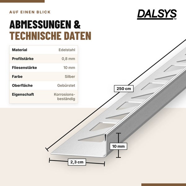 Dalsys Fliesenprofil aus Edelstahl mit technischen Daten und Maßangaben für eine Fliesenstärke von 10 Millimetern und eine Länge von 250 Zentimetern.