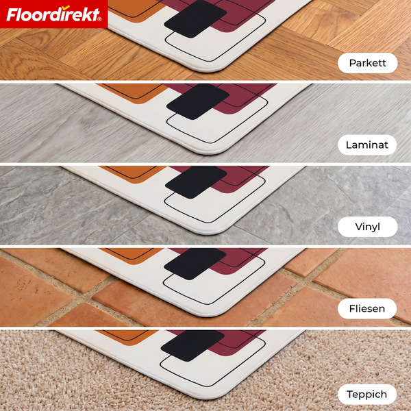 Floordirekt Logo. Matte mit geometrischem Muster auf verschiedenen Bodenbelägen wie Parkett, Laminat, Vinyl, Fliesen und Teppich.