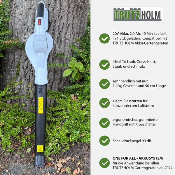 Trutzholm Akku-Laubbläser mit 20 Volt Akku, 40 Minuten Laufzeit, 1,4 Kilogramm Gewicht, 90 Zentimeter Länge. Trutzholm Logo.