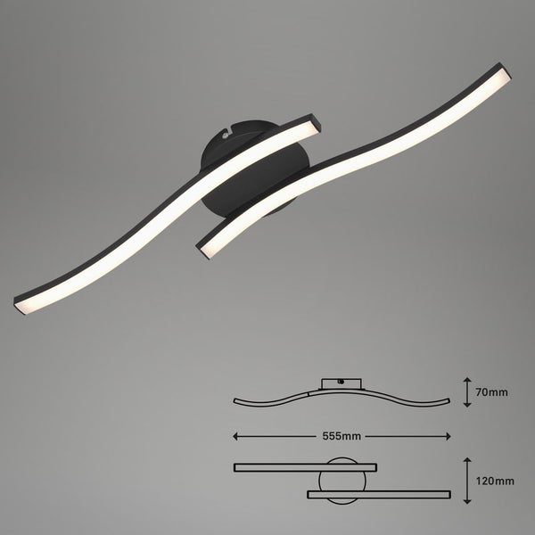 Moderne LED Deckenleuchte mit geschwungenen Armen und Maßangaben