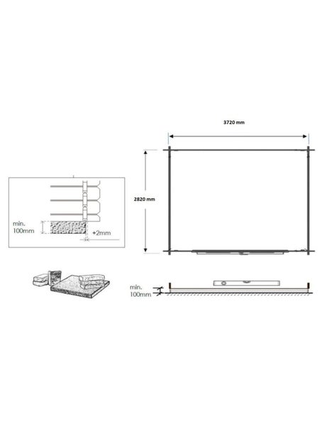 Technische Zeichnung für Gartenhaus mit Grundriss 3720 mal 2820 Millimeter, Montagehinweisen und Fundamenthöhe von mindestens 100 Millimeter.