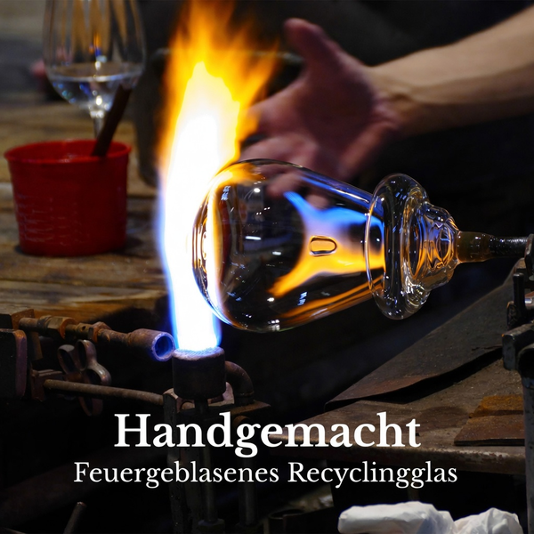 Handgemachte Herstellung von Glas mit einer Brennerflamme, Darstellung von feuergeblasenem Recyclingglas.