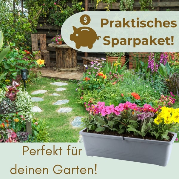 Dekorativer Garten mit Blumenbeet und Sitzgelegenheit für ein praktisches Sparpaket