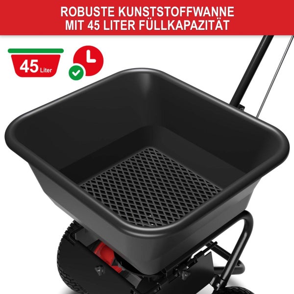 Robuste Kunststoffwanne eines Streuwagens mit 45 Liter Füllkapazität und integriertem Bodengitter.