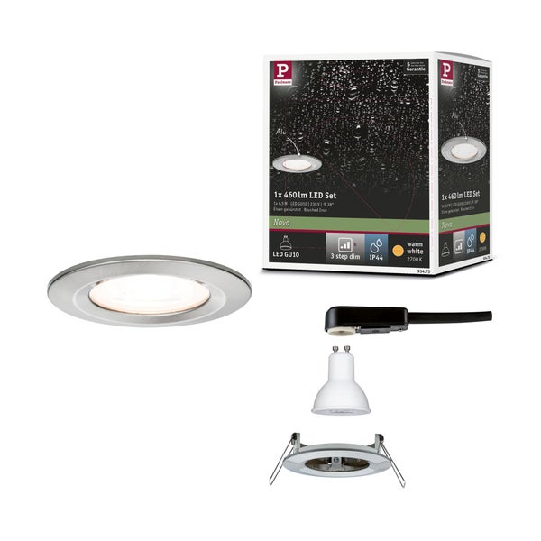 Paulmann Nova LED-Einbaustrahler-Set aus gebürstetem Eisen, inklusive GU10 LED-Leuchtmittel, IP44 spritzwassergeschützt, drei Stufen dimmbar.