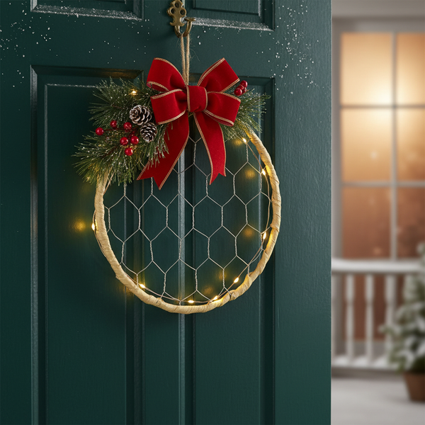 Weihnachtskranz aus Drahtgeflecht mit roter Samtschleife, Tannenzweigen, Beeren, Zapfen und warmweißer LED-Beleuchtung an einer Tür.