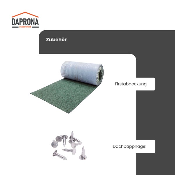 Daprona Logo. Dachzubehör bestehend aus einer Firstabdeckung und Dachpappnägeln.