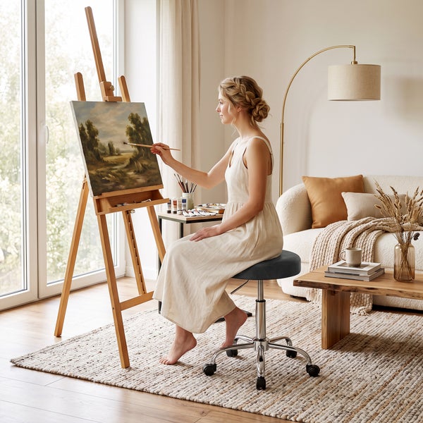 Frau malt auf einer Holzstaffelei in einem hellen, gemütlich eingerichteten Atelier mit Drehhocker, Couch, Couchtisch und Stehlampe.