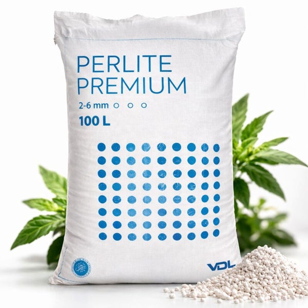 100 Liter Sack Perlite Premium mit einer Körnung von 2 bis 6 Millimetern, VDL Logo und weißem Perlitgranulat.