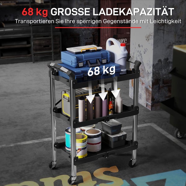 Dreistufiger Werkstattwagen mit Metallrahmen und Kunststoffablagen, belastbar bis 68 Kilogramm, beladen mit verschiedenen Werkzeugen und Dosen.