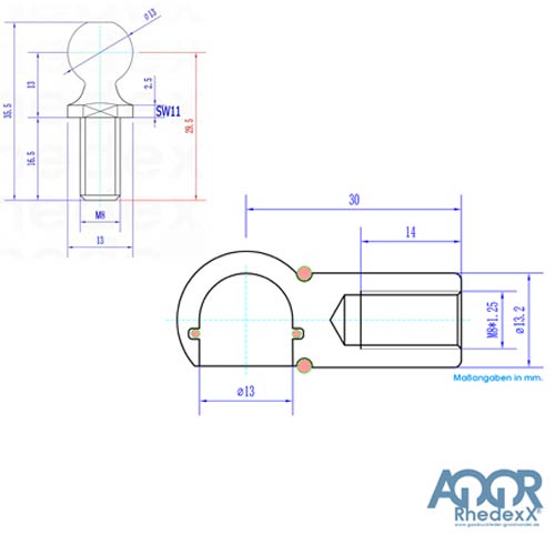 Technische Zeichnung eines Kugelgelenks mit Maßen in Millimetern und M8-Gewinde. AGQR RhedexX Logo.
