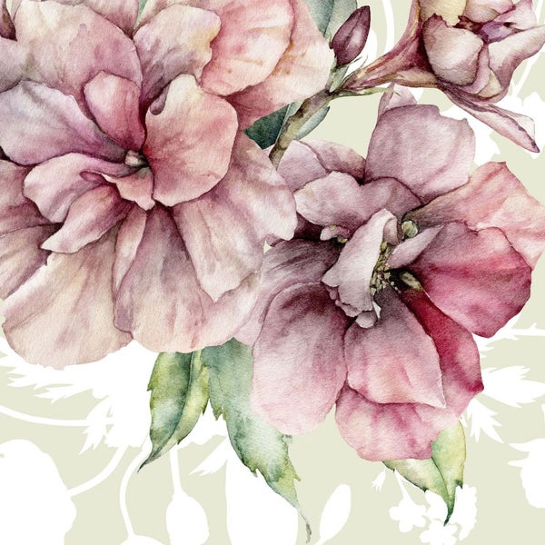 Aquarellmalerei von rosa Blumen mit Blättern