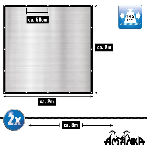 Amanka Sichtschutz, circa 2 mal 2 Meter, 145 Gramm pro Quadratmeter, Ösen circa 50 Zentimeter, Set mit 2 Stück, circa 8 Meter Seil, Amanka Logo.