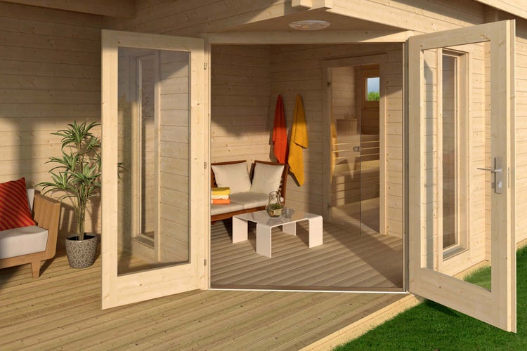 FinnTherm Saunahaus Kiruna-70 Gartensauna 4 Sitzbänke aus Holz, Sauna mit 70 mm Wandstärke Außensauna, Naturbelassen 7,6x3,6m