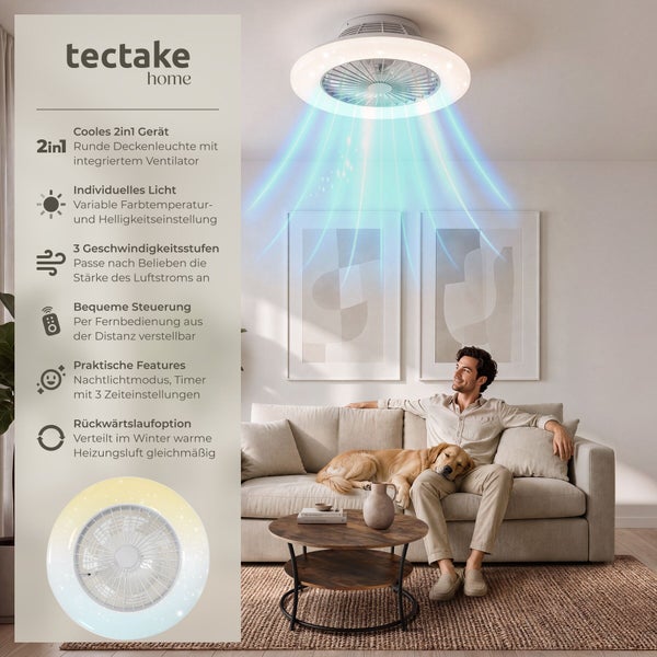 Runde Deckenleuchte mit integriertem Ventilator von tectake Home in einem Wohnzimmer mit Mann und Hund auf einem Sofa.