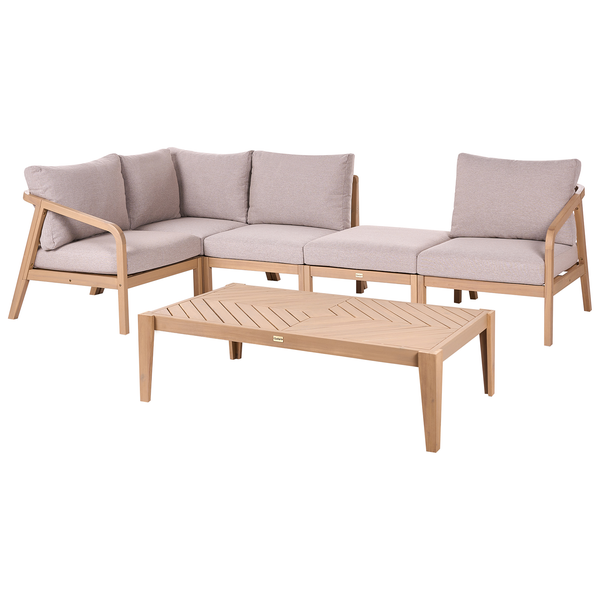 Gartenlounge Set aus Holz mit passendem Couchtisch und bequemen Sitzpolstern für den Außenbereich
