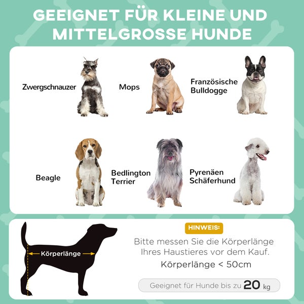 Infografik: Geeignet für kleine und mittelgroße Hunde bis 20 Kilogramm und unter 50 Zentimeter Körperlänge. Rassen wie Mops, Beagle, Zwergschnauzer.