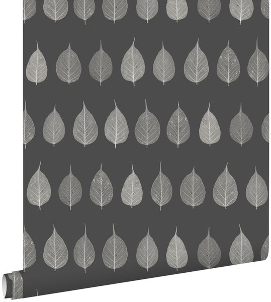 ESTAhome Tapete Skelettblätter Schwarz und Braun und Antrazitgrau - 53 cm x 10.05 m - 128849