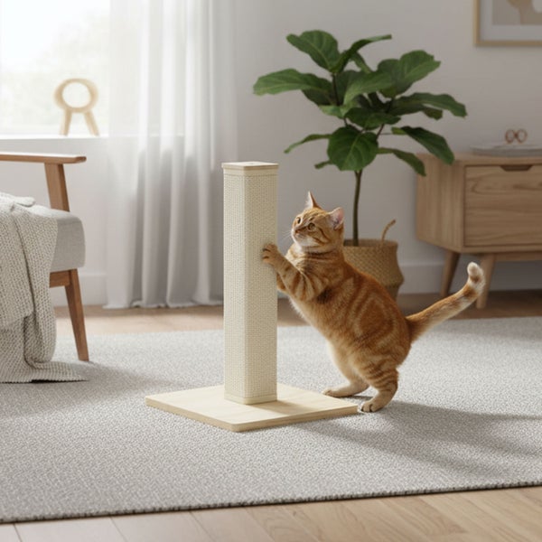 Ein Kratzbaum in einem modern eingerichteten Wohnzimmer, an dem eine Katze ihre Krallen wetzt.