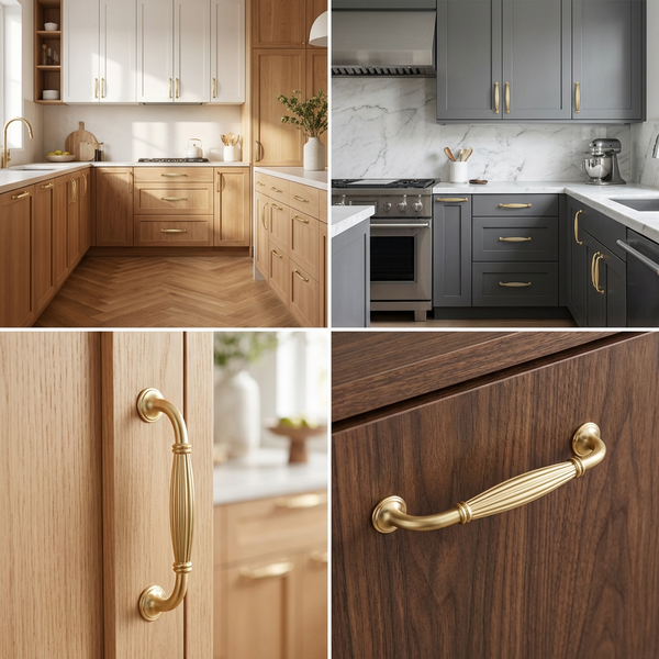 Collage verschiedener Küchenansichten mit Fokus auf Küchenschrankgriffen