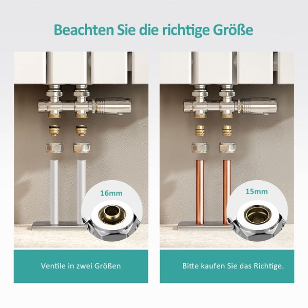 Heizkörperanschluss mit 16 Millimeter und 15 Millimeter Rohren