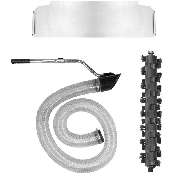 Reinigungssystem für Pflasterflächen bestehend aus Spritzschutz, Bürstenwalze, Saugrohr und Teleskopstiel