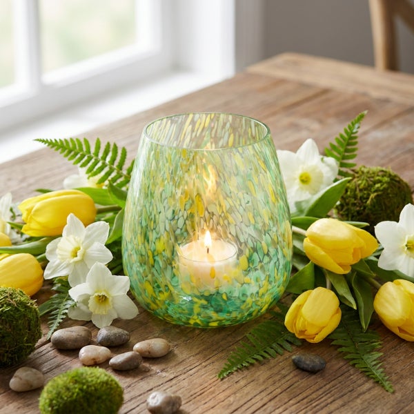 Ein mundgeblasenes Windlicht aus strukturiertem Glas, umgeben von Frühlingsblumen und Moos auf einem rustikalen Holztisch.