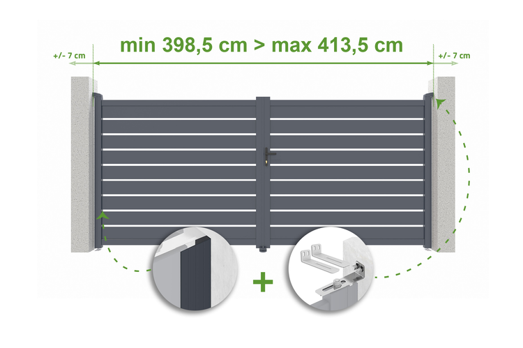 Doppeltor mit horizontalen Lamellen und Breitenangaben