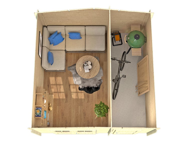 Draufsicht auf ein zweigeteiltes Gartenhaus aus Holz mit einem Wohnbereich mit Sofa und einem Abstellraum für Fahrrad und Grill.