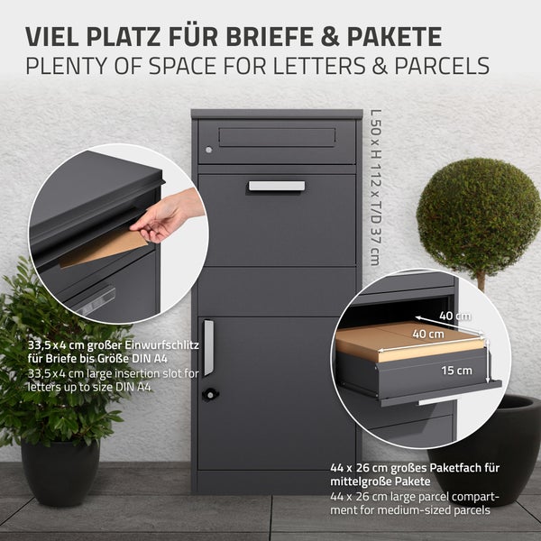 ML-Design Paketbriefkasten aus verzinktem Stahl in Anthrazit, 50x112x37 cm, freistehend, abschließbar, 2 Schlüssel, Standbriefkasten Paketbox Postkasten Paketkasten, für Pakete, Warensendungen, Briefe