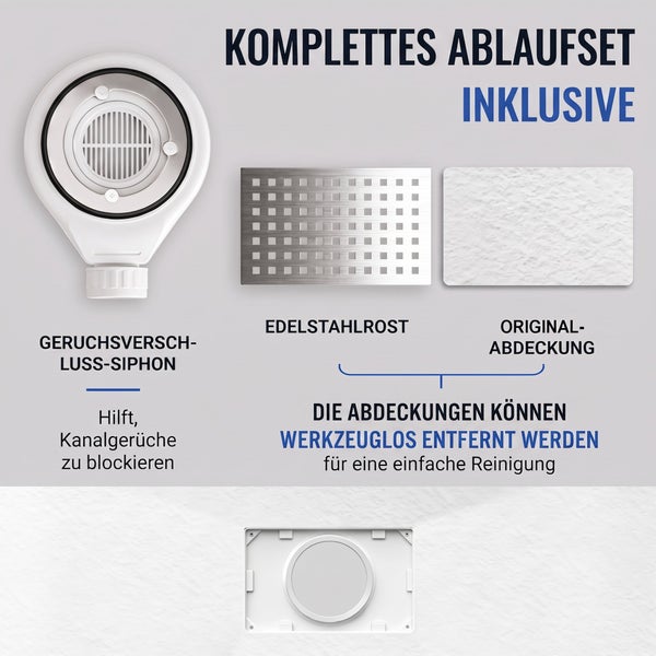 Komplettes Ablaufset mit Siphon, Edelstahlrost und befliesbarer Abdeckung zur einfachen Reinigung und Geruchsstopp.