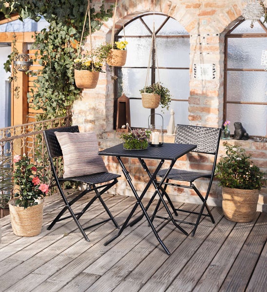 FRANK FLECHTWAREN | Bistro-Set Pure Elegance, 3tlg., KUNSTSTOFF, METALL, Stuhl 40 x 42 x 82 cm, Sitzhöhe 43 cm, Tisch 60 x 60 x 72 cm, platzsparend zusammenklappbar