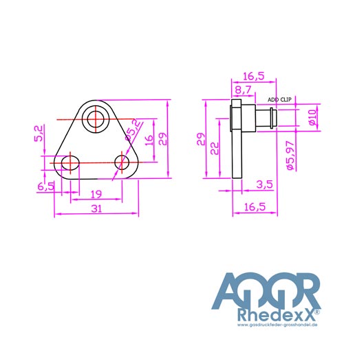 Technische Zeichnung einer dreieckigen Montageplatte mit Abmessungen in Millimetern. AQOR Rhedexx Logo.