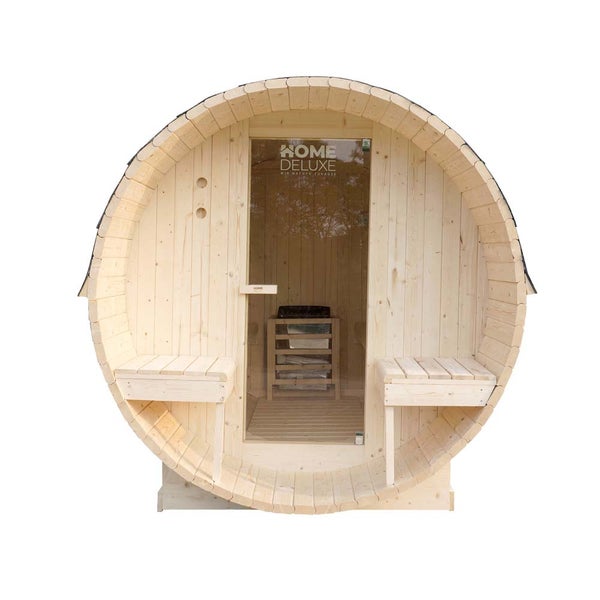 Home Deluxe - Outdoor Fasssauna LAHTI DELUXE L - Maße: ca. 195 cm x 192 cm x 220 cm, Holz: Fichtenholz - inkl. Saunaofen und Saunazubehör I Gartensauna, Außensauna, Sauna Fass für 4 Personen