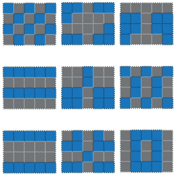 Neun Verlegemuster für blau-graue, ineinandergreifende Bodenschutzmatten aus Schaumstoff in Quadratform mit Puzzlerand.