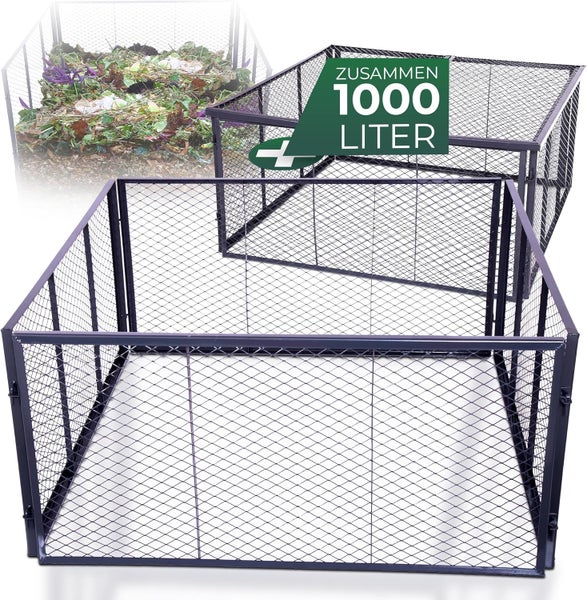 Zwei Drahtkomposter aus Metallgitter mit einem Fassungsvermögen von zusammen 1000 Litern.