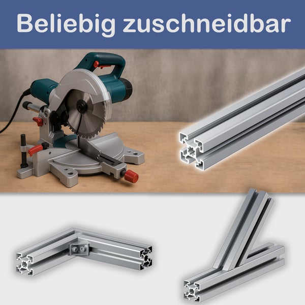 Gehrungssäge und Aluminiumprofile, die beliebig zugeschnitten werden können