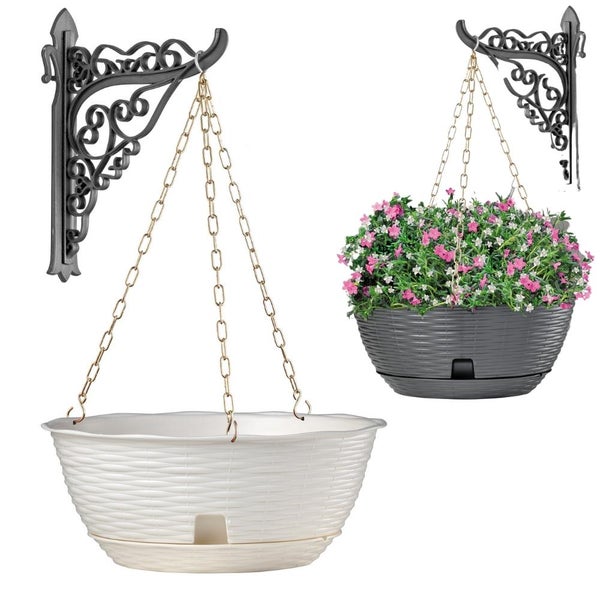 Pflanzenampel Hängeschale Blumenampel Hängeampel inkl. Kette und Wandhalterung Rattan Optik weiß