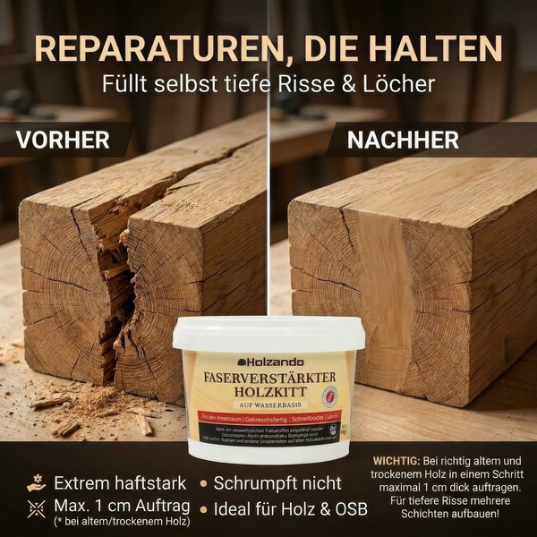 Vorher-Nachher-Vergleich der Reparatur eines tiefen Risses in einem Holzbalken mit Holzando faserverstärktem Holzkitt auf Wasserbasis.
