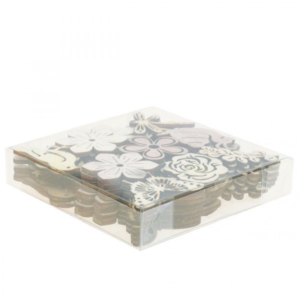 Dekorative Holzblumen in einer transparenten Box für Bastelarbeiten