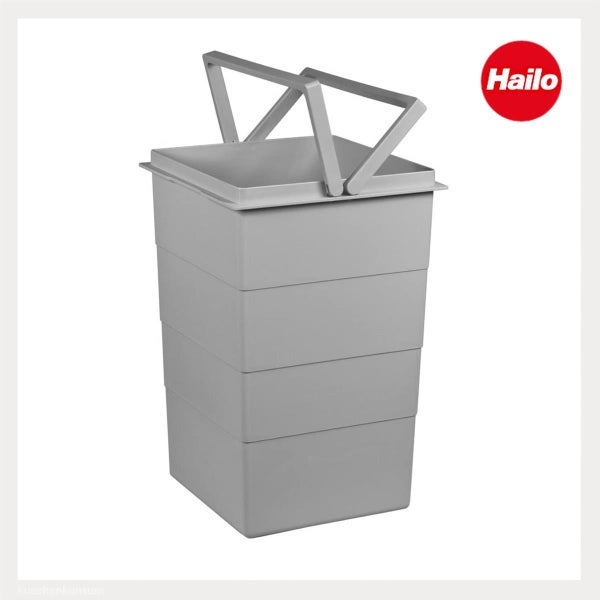 Grauer Hailo Abfalleimer aus Kunststoff mit zwei klappbaren Tragegriffen. Hailo Logo.